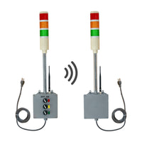 Three-color pole-mounted industrial signal light transmitting wirelessly to a matching receiver light on a white background.
