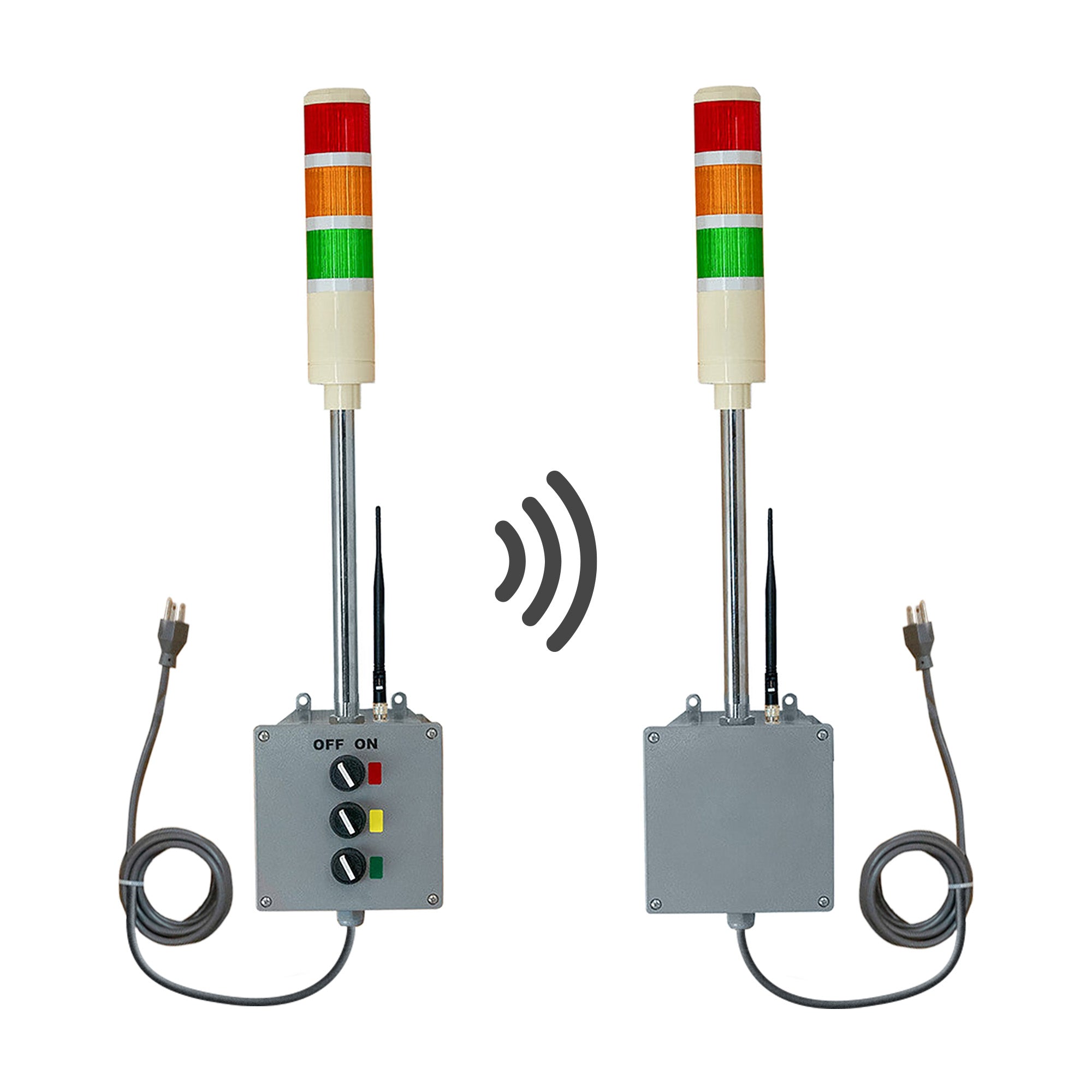 Two industrial signal lights with control panels on a white background.