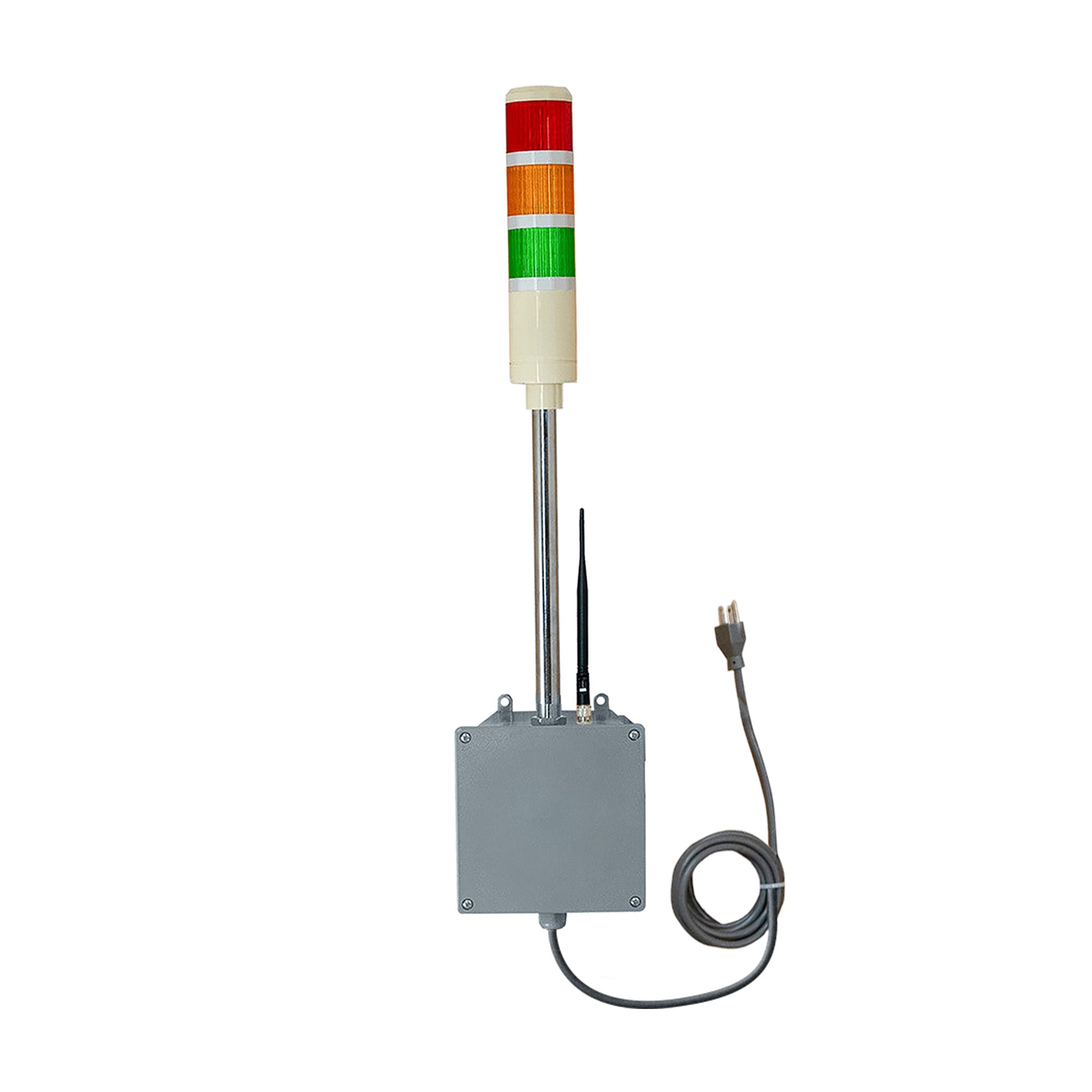 Industrial safety light tower with red, yellow, and green lights on a white background.