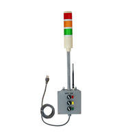 Industrial safety light tower with red, yellow, and green lights on a white background.