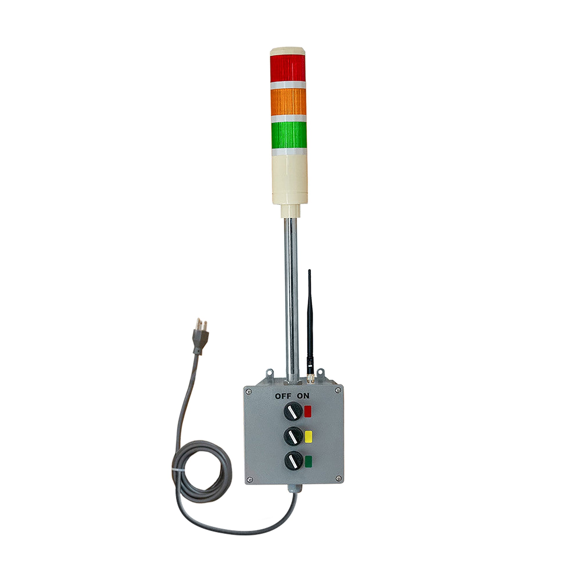 Industrial safety light tower with red, yellow, and green lights on a white background.