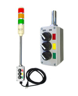 Three-color pole-mounted industrial signal light with a 2-position switch box and power cord; Red-Amber-Green on a white background.