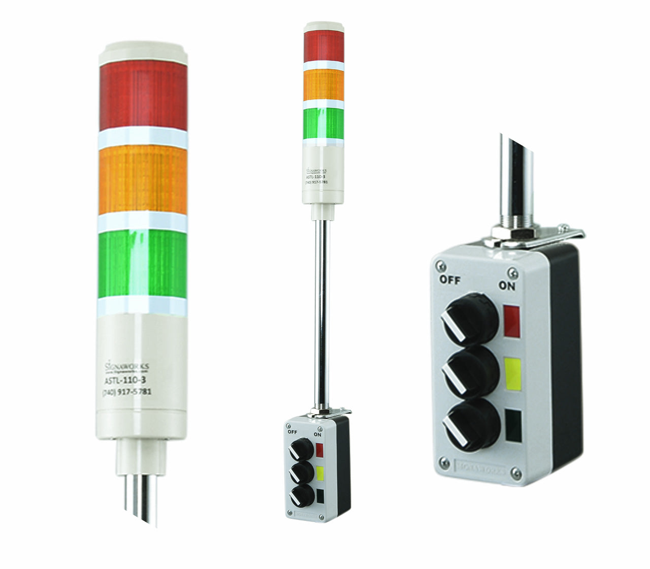 LED Andon Tower Light with red, amber, and green sections, industrial selector switches, and an 8 ft. power cord.