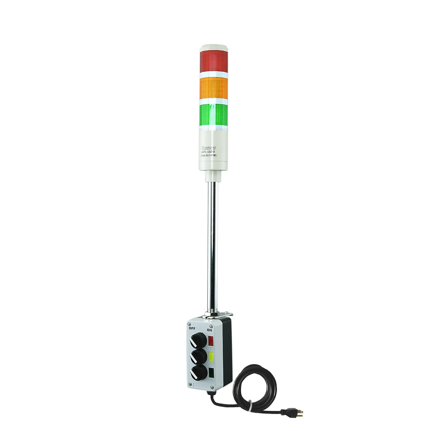Three-color pole-mounted industrial signal light with a 2-position switch box and power cord; Red-Amber-Green on a white background.