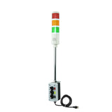 Three-color pole-mounted industrial signal light with a 2-position switch box and power cord; Red-Amber-Green on a white background.