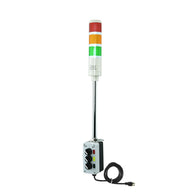 Three-color pole-mounted industrial signal light with a 2-position switch box and power cord; Red-Amber-Green on a white background.