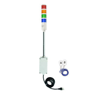 Four-color pole-mounted tower light with accompanying wireless key fob; Red-Amber-Green-Blue on a white background.