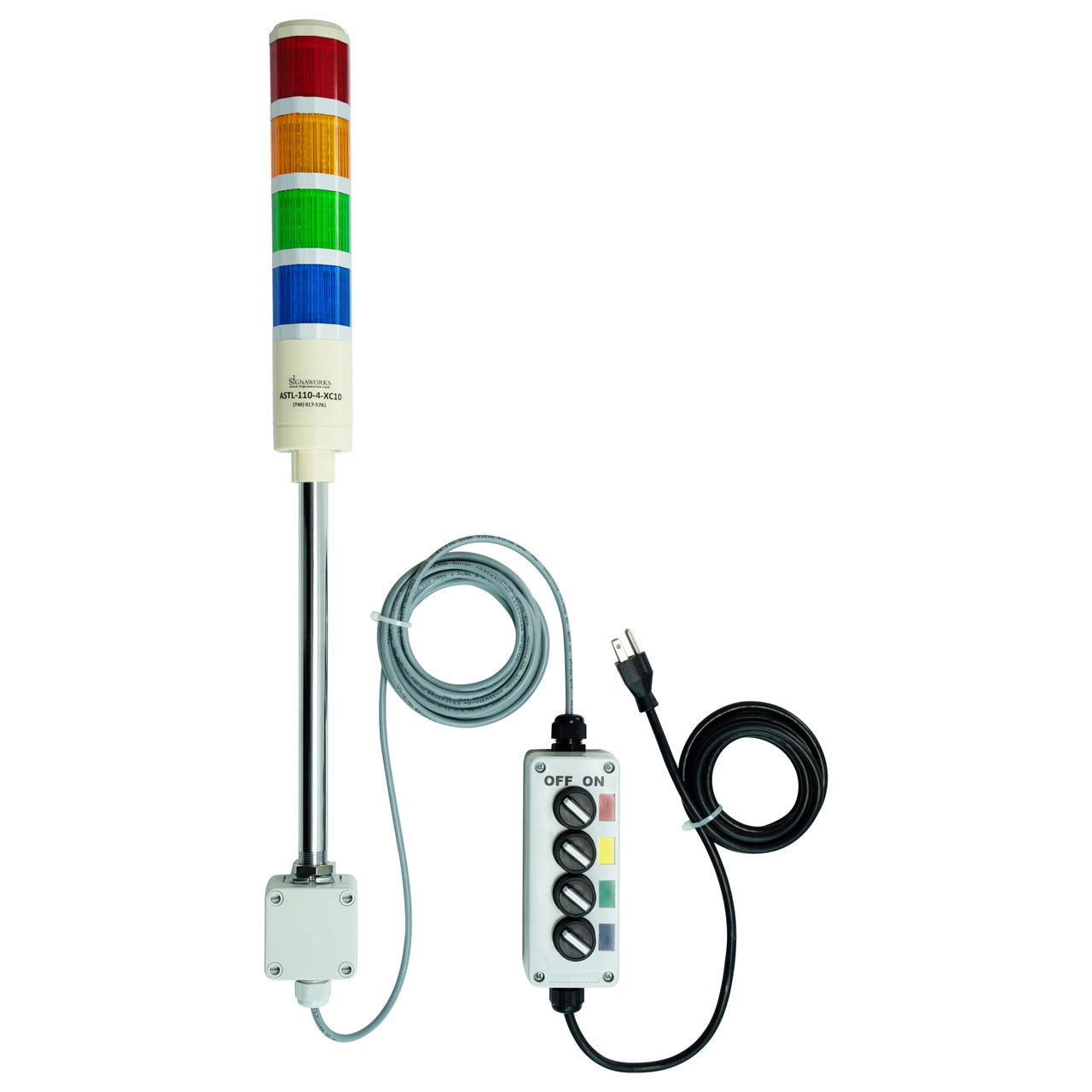 Four-color pole-mounted industrial signal light with a 2-position switch box and extended power cable; Red-Amber-Green-Blue on a white background.