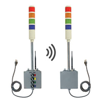 Transmitter and receiver systems with red, amber, green and blue lights and antennas on a white background.