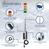 Four-color pole-mounted industrial signal light graphic; Red-Amber-Green-Blue on an industrial loading dock graphic overlay background