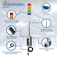 Four-color pole-mounted industrial signal light graphic; Red-Amber-Green-Blue on an industrial loading dock graphic overlay background