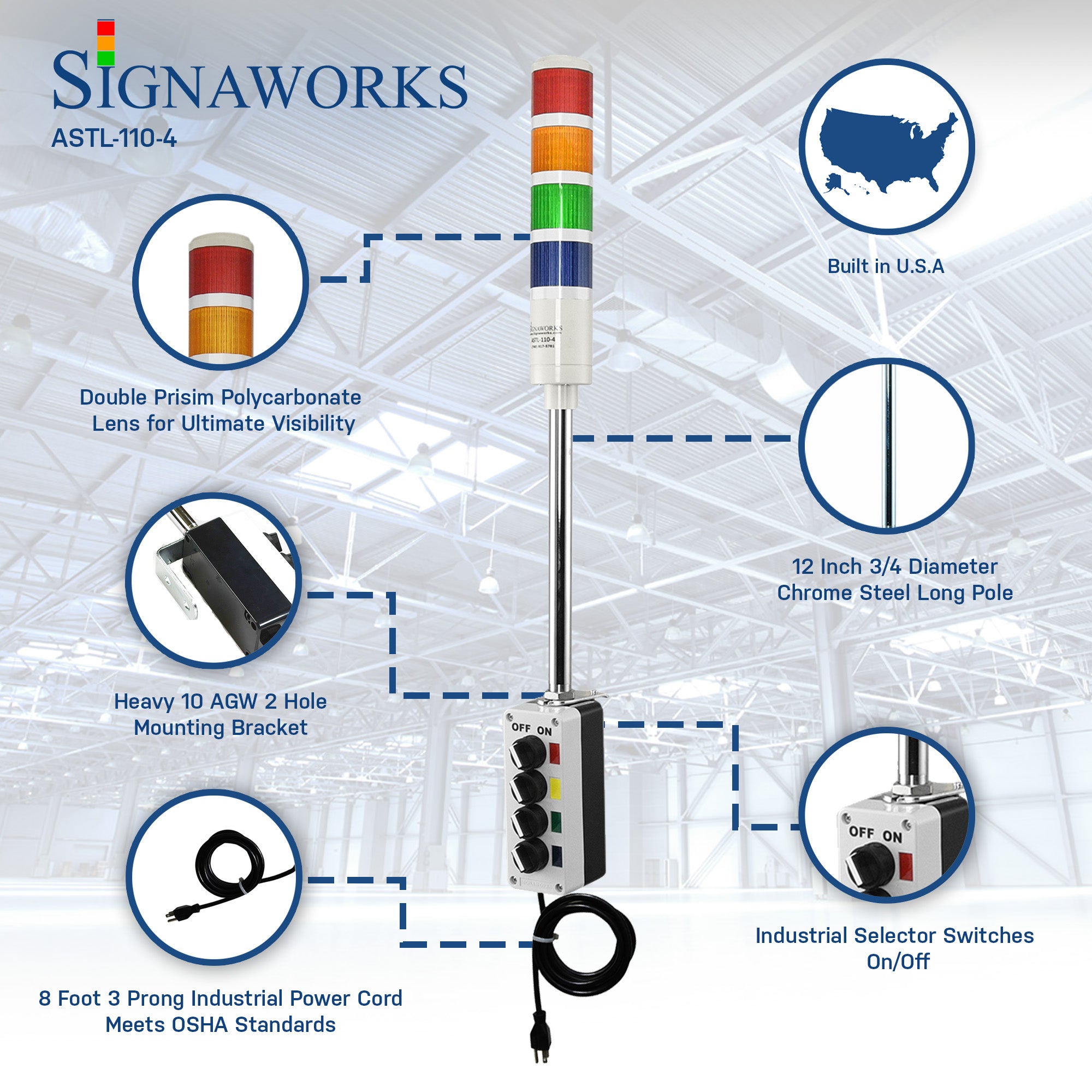 Four-color pole-mounted industrial signal light graphic; Red-Amber-Green-Blue on an industrial loading dock graphic overlay background