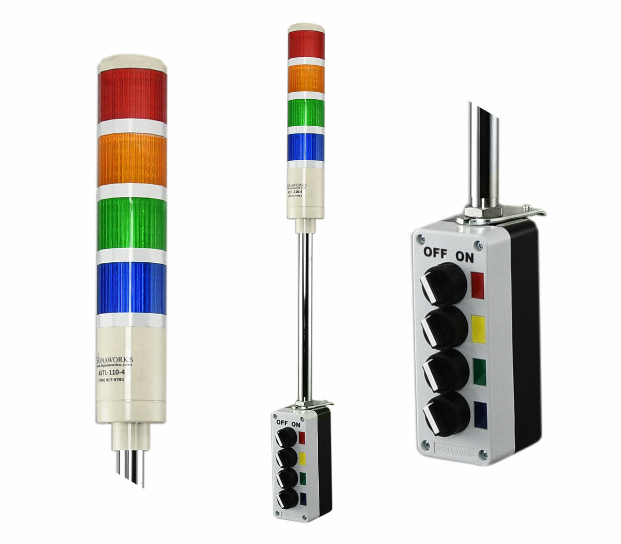 Four-color pole-mounted industrial signal light with a 2-position switch box and power cord; Red-Amber-Green-Blue on a white background.