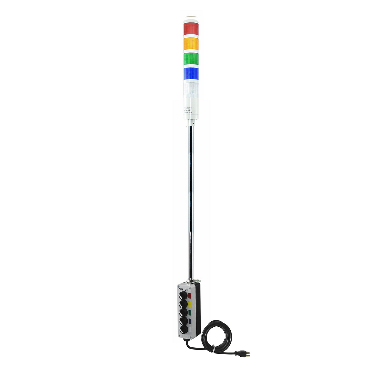 Five-color pole-mounted industrial signal with 2-position switch on a white background; Red-Amber-Green-Blue-White.