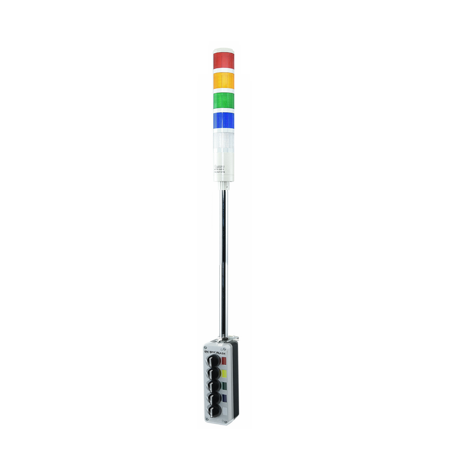 Five-color pole-mounted industrial signal with 2-position switch on a white background; Red-Amber-Green-Blue-White.