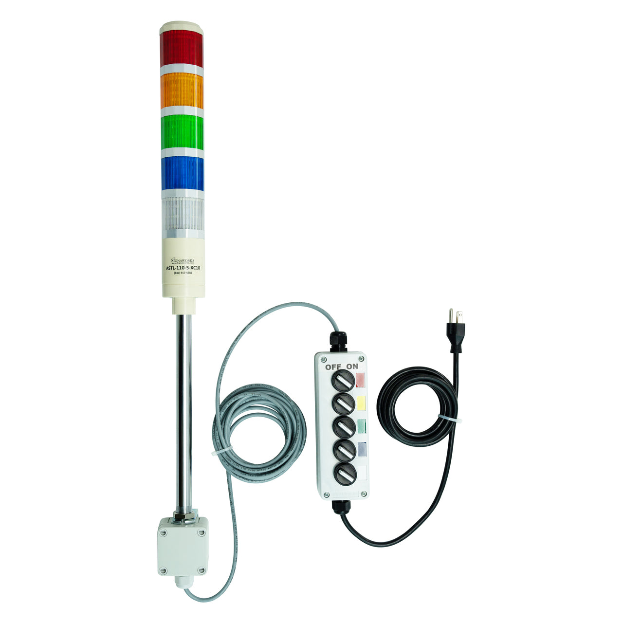 Five-color pole-mounted industrial signal light with a 2-position switch box and extended power cable; Red-Amber-Green-Blue-White on a white background.