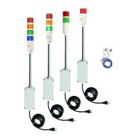 A collection of multicolor wireless tower lights and 2 key fobs on a white background.
