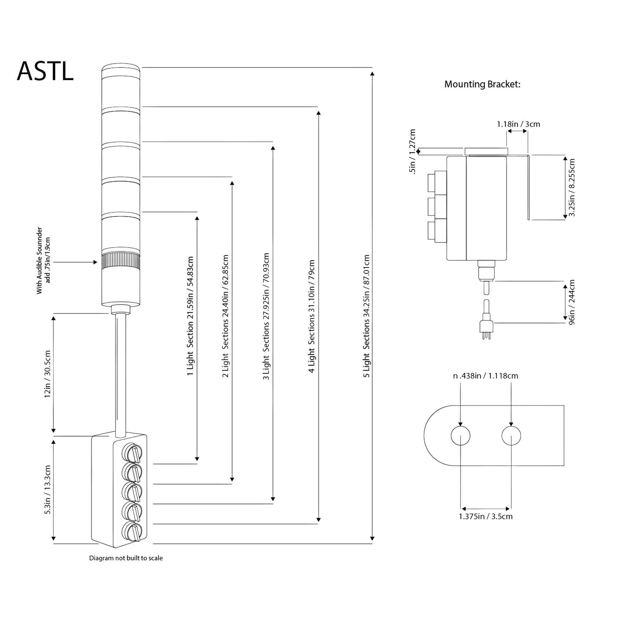 Technical diagram of a Signaworks' ASTL with dimensions and labeled parts on a white background.