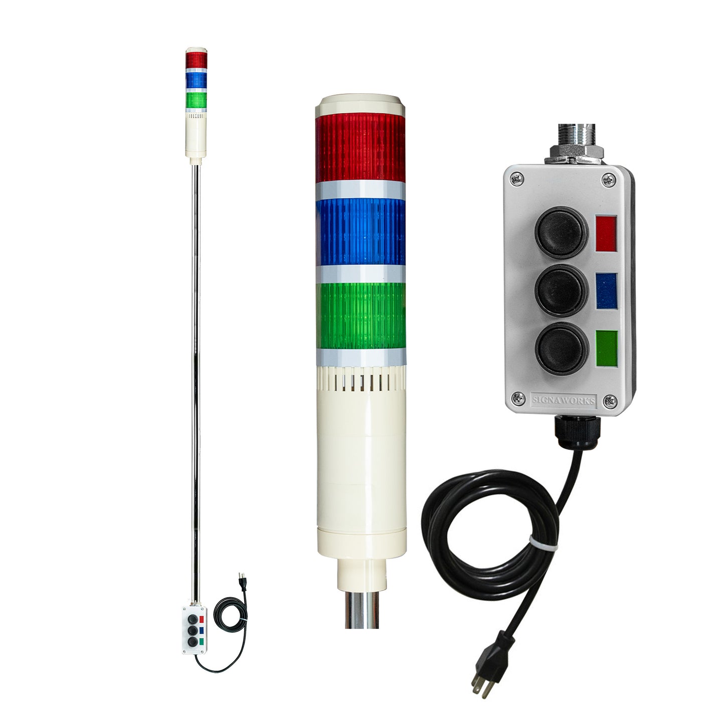 Close up of three-color 5ft pole-mounted industrial signal light with grey corresponding 2-position switchbox and power cord; Red-Green-Blue on a white background.