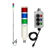 Close up of three-color 5ft pole-mounted industrial signal light with grey corresponding 2-position switchbox and power cord; Red-Green-Blue on a white background.