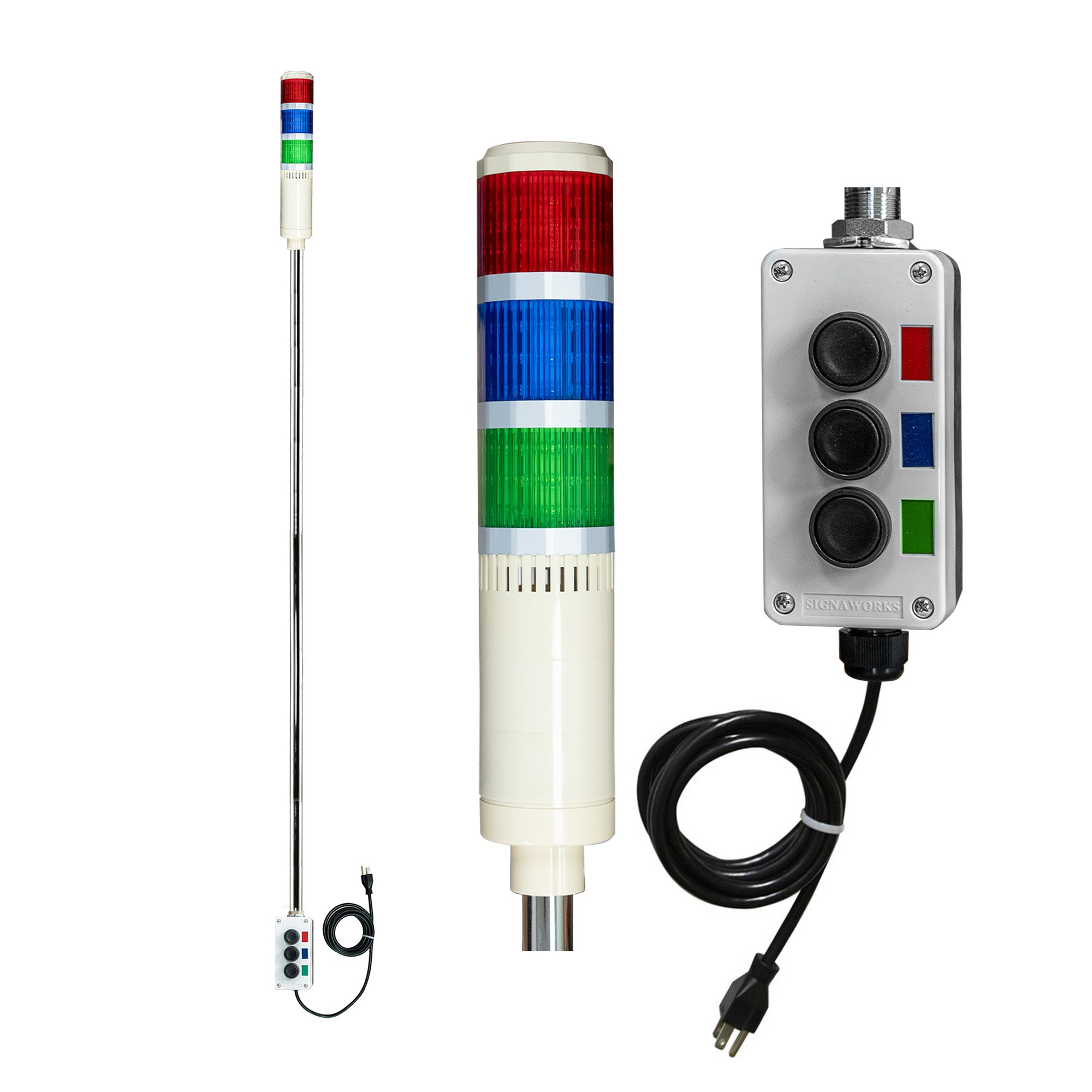 Close up of three-color 5ft pole-mounted industrial signal light with grey corresponding 2-position switchbox and power cord; Red-Green-Blue on a white background.