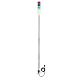 Three-color 5ft pole-mounted industrial signal light with grey corresponding 2-position switchbox and power cord; Red-Green-Blue on a white background.
