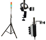 The image shows a an LED Andon Tower Light with cubicle mount. It includes a tall tripod stand with a base, a vertical rod with a selector switch, and a horizontal arm with an enclosure containing the LED lights.