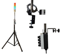 The image shows a an LED Andon Tower Light with cubicle mount. It includes a tall tripod stand with a base, a vertical rod with a selector switch, and a horizontal arm with an enclosure containing the LED lights.