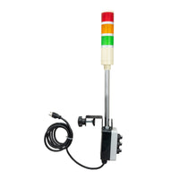 Industrial light indicator with red, yellow, and green lights with C-Clamp mounting system on a white background.