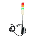 Industrial light indicator with red, yellow, and green lights with C-Clamp mounting system on a white background.
