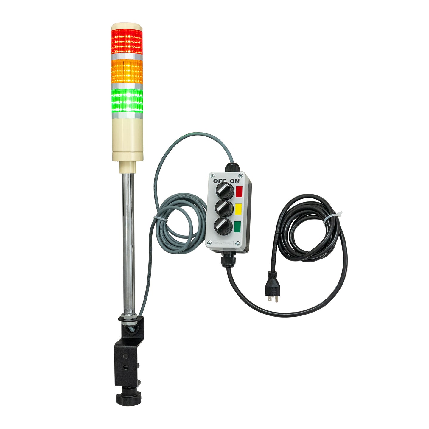 Three-color pole-mounted Industrial signal light with 3 2-position switches; Red-Amber-Green on a white background.