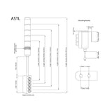 A black on white diagram depicting the dimensions of a 1-5 light ASTL and its accompanying mounting hardware.