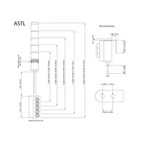 A black on white diagram depicting the dimensions of a 1-5 light ASTL and its accompanying mounting hardware.