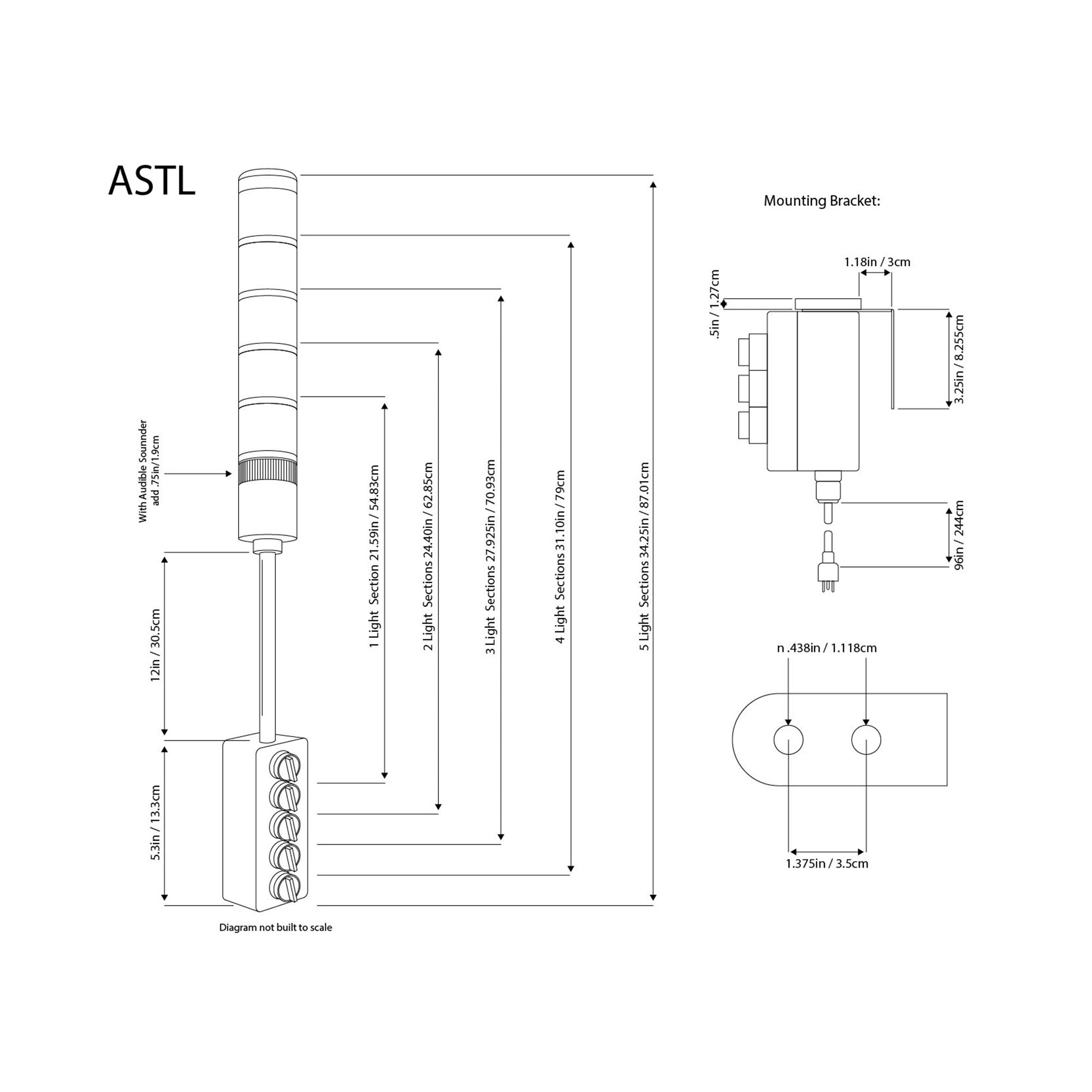 A black on white diagram depicting the dimensions of a 1-5 light ASTL and its accompanying mounting hardware.