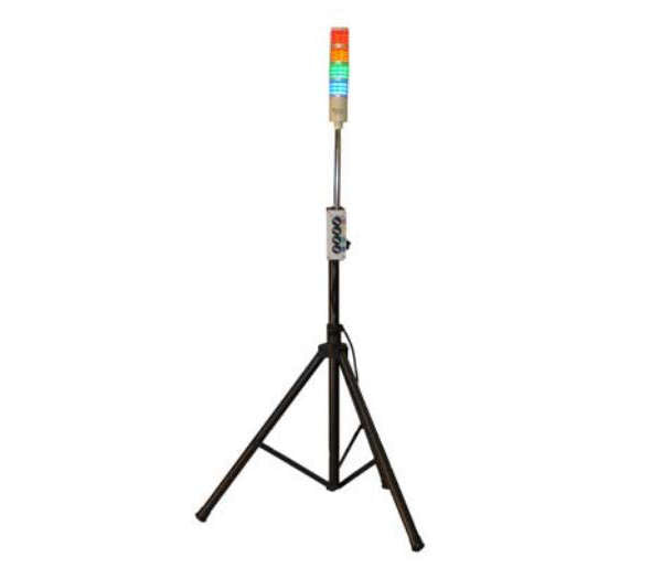 LED Andon Tower Light with tripod stand, featuring a vertical light tower with red and green lights on the top, mounted on a black tripod.