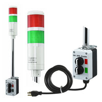 Three-color pole-mounted industrial signal light with a 3-position switch box and power cord; Red-Amber-Green on a white background.