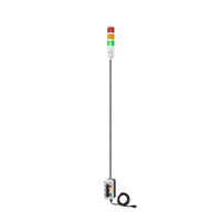 Three-Color pole-mounted industrial Signal with 3-position switches on a white background; Red-Amber-Green.