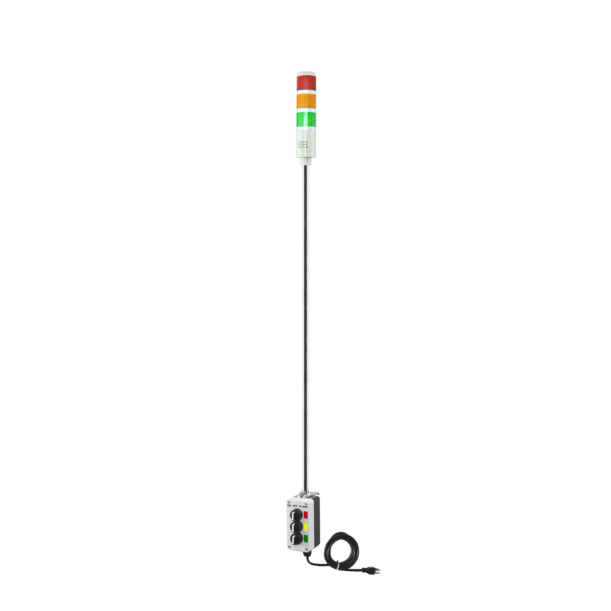Three-Color pole-mounted industrial Signal with 3-position switches on a white background; Red-Amber-Green.