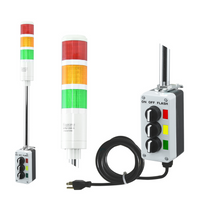 Three-color pole-mounted industrial signal light with a 3-position switch box and power cord; Red-Amber-Green on a white background.