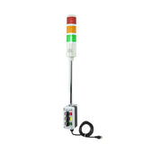 Three-color pole-mounted industrial signal light with a 3-position switch box and power cord; Red-Amber-Green on a white background.