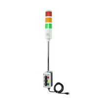Three-color pole-mounted industrial signal light with a 3-position switch box and power cord; Red-Amber-Green on a white background.