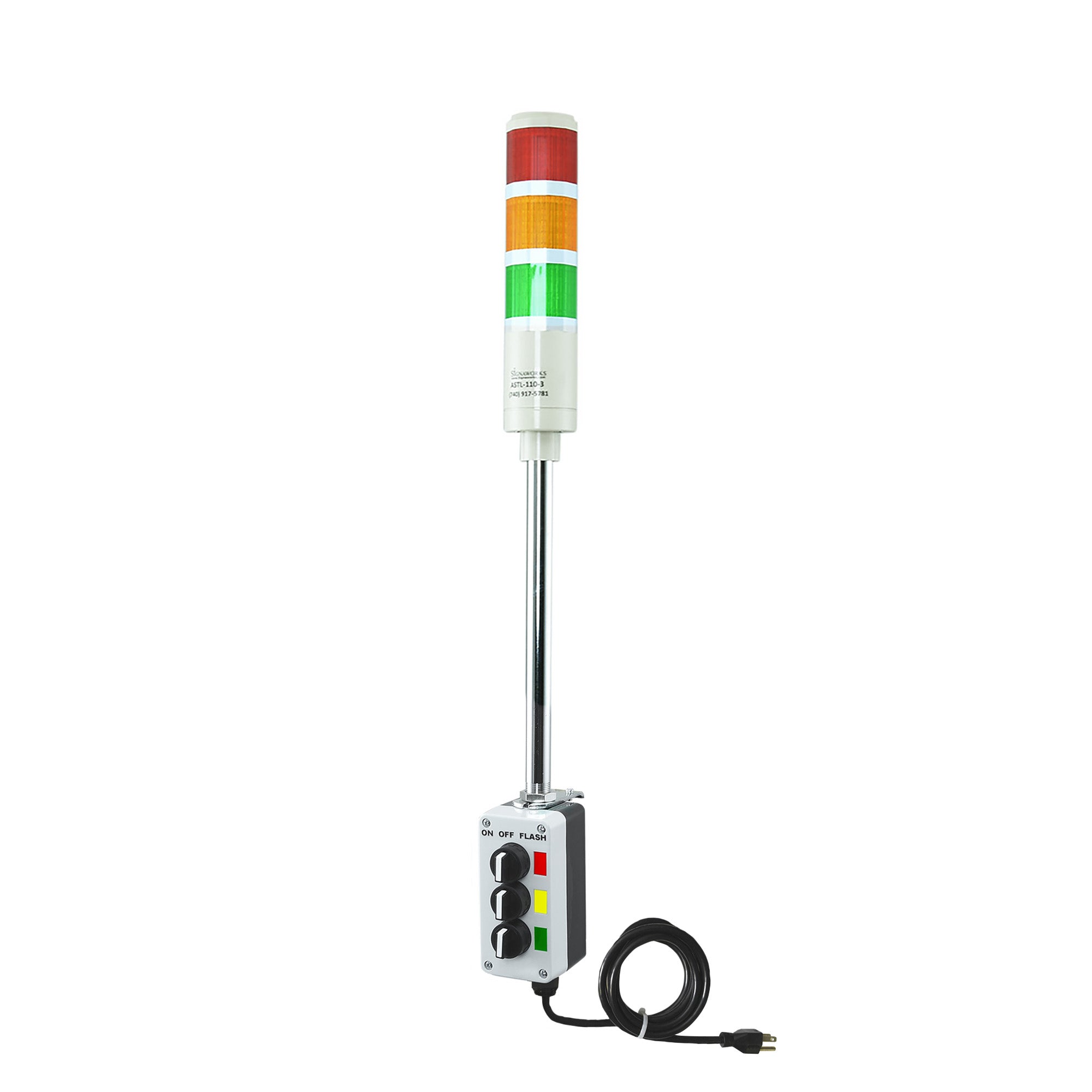 Three-color pole-mounted industrial signal light with a 3-position switch box and power cord; Red-Amber-Green on a white background.