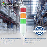 Graphic with warehouse in background illustrating product features and 2-year warranty icon and 'Signaworks' branding.