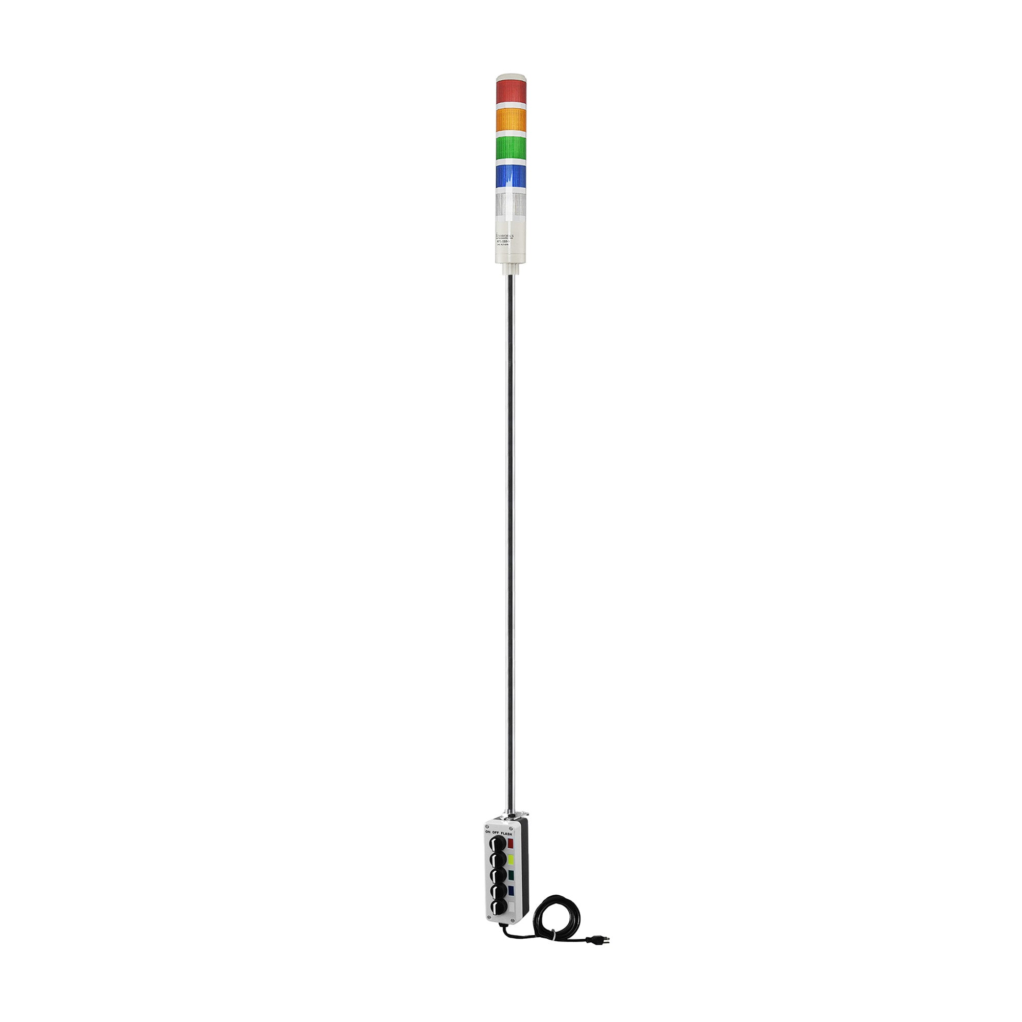Five-Color pole-mounted industrial Signal with 3-position switches on a white background; Red-Amber-Green-Blue-White.