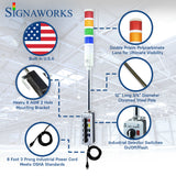 'Signaworks' branded graphic built in the U.S.A. featuring prism lenses, 8 AWG mounting bracket, chrome pole, industrial selector switch and black power cord.