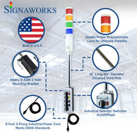 'Signaworks' branded graphic built in the U.S.A. featuring prism lenses, 8 AWG mounting bracket, chrome pole, industrial selector switch and black power cord.