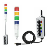 Five-position pole-mounted industrial signal with 3-position switch on a white background; Red-Amber-Green-Blue-White.