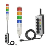 Five-color pole-mounted industrial signal light with a 3-position switch box and power cord; Red-Amber-Green-White on a white background.