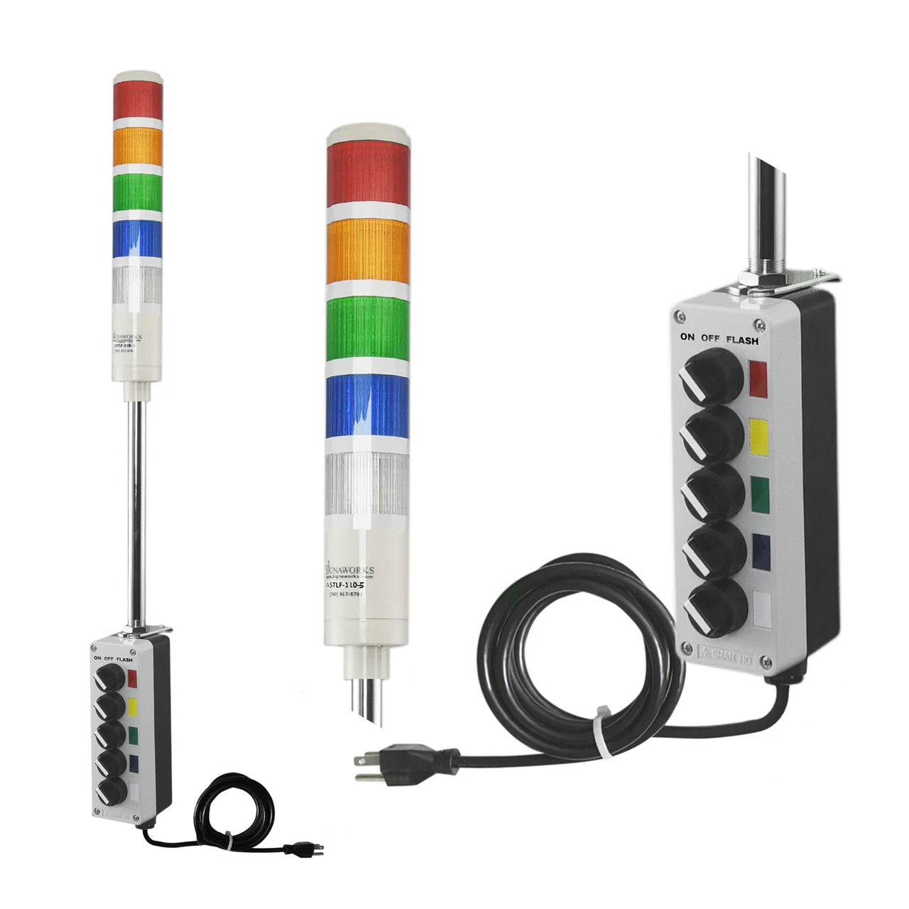 Five-color pole-mounted industrial signal light with a 3-position switch box and power cord; Red-Amber-Green-White on a white background.
