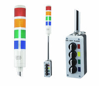 Four-color pole-mounted industrial signal light with close up views of prism lenses and 2-position switch box.
